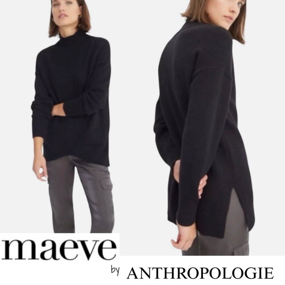 Maeve for Anthropologie Crystal Mock Neck Hi/Low Tunic Sweater Black Size L